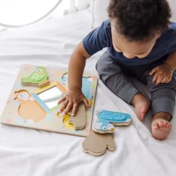 First Play Wooden Touch and Feel Puzzle Peek-a-Boo Pets With Mirror